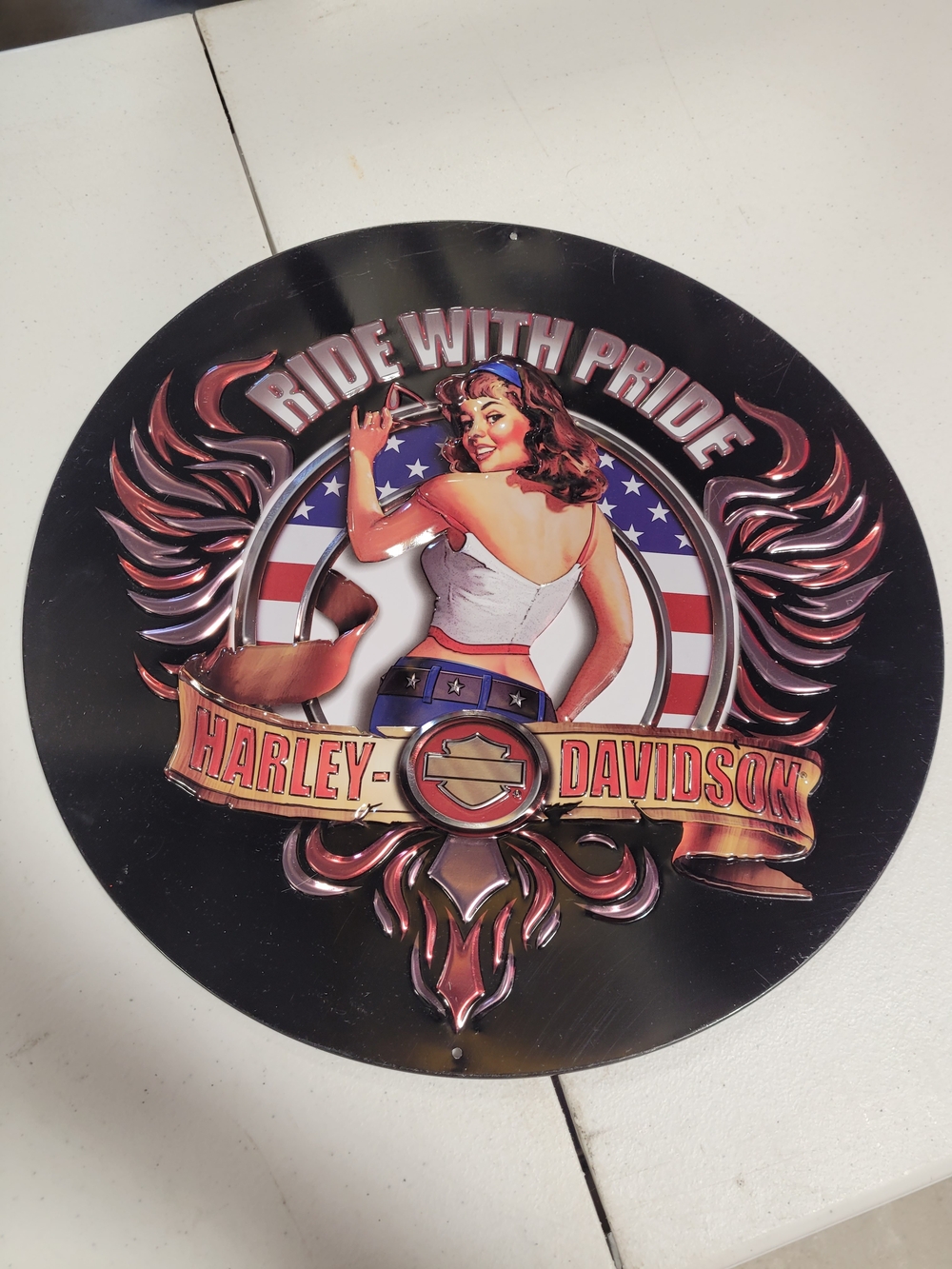Harley-Davidson "Ride With Pride" Round Metal Wall Sign - Red, White, Blue